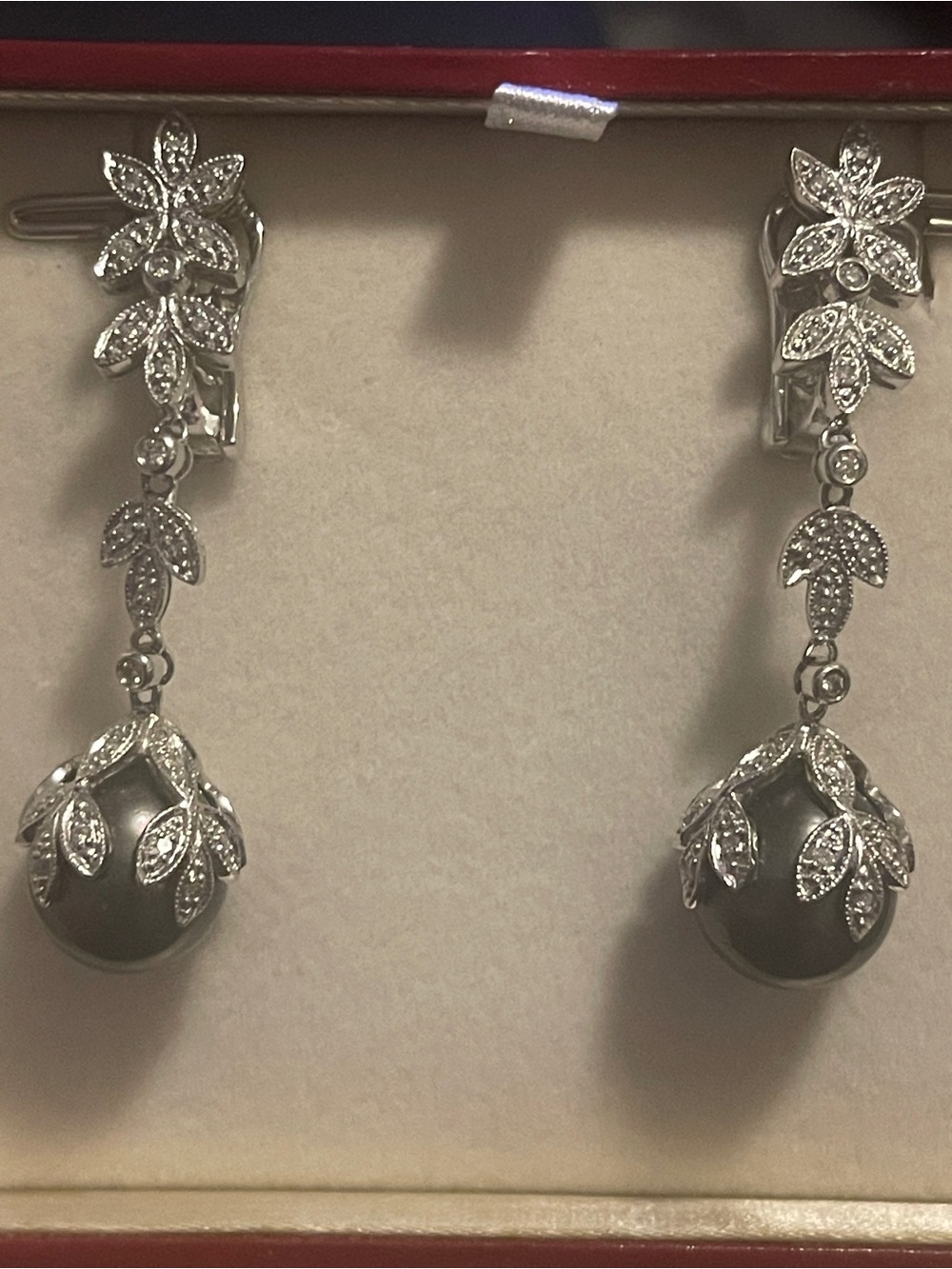 14K White Gold Drop Cultured Pearl & Diamond Dangle Earrings - Custom creation!